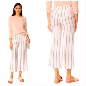 Theory Nadeema Wide Leg Stripe Linen Rev Pant in White Red‎ Raspberry